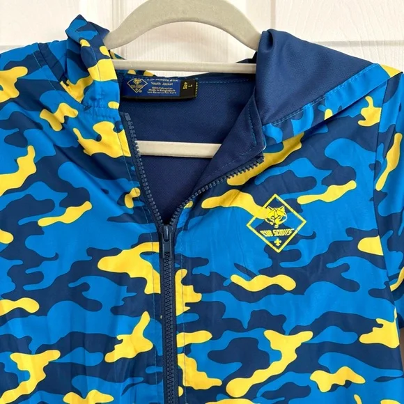 Cub Scout BSA Scouting Blue Gold Camo Hooded Windbreaker Jacket Coat Youth Sz L - Picture 9 of 14